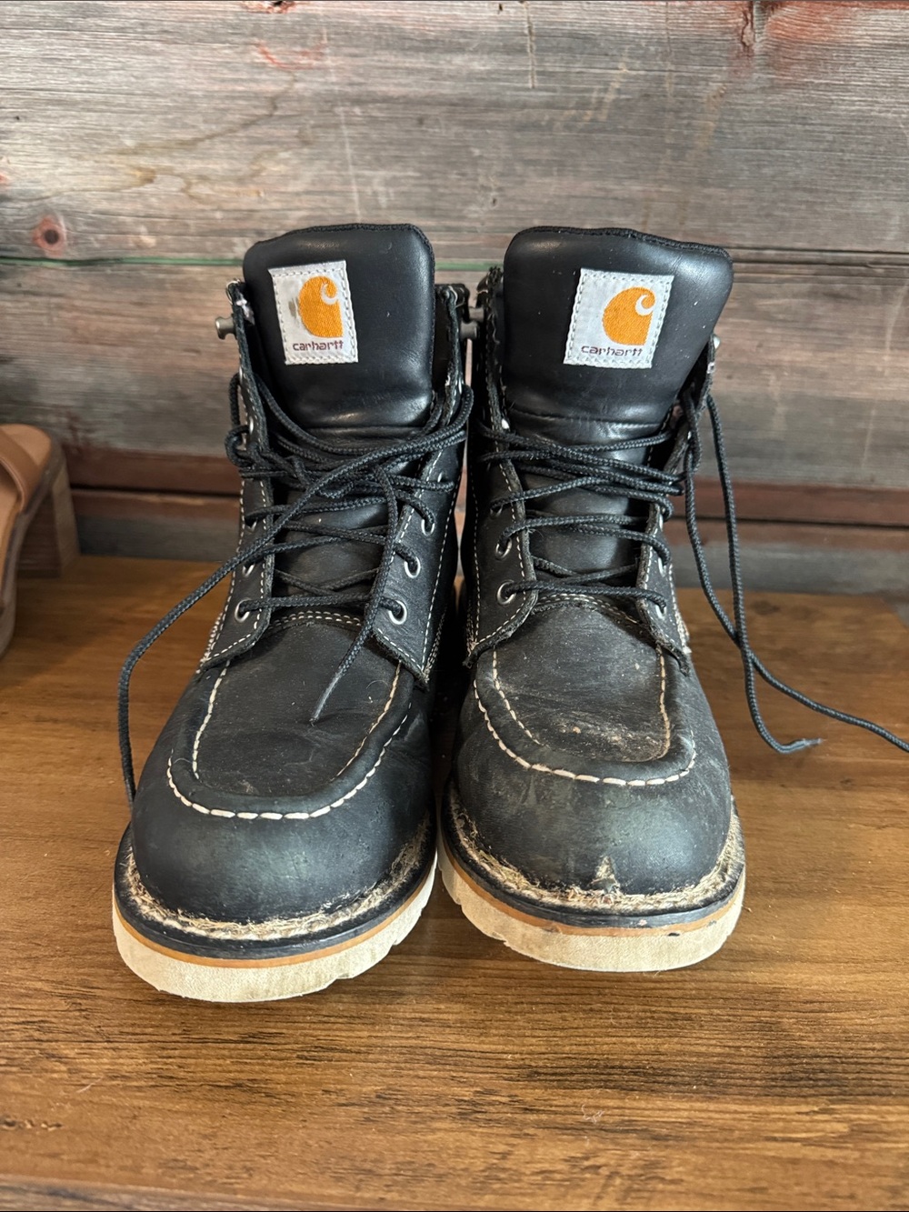 Carhartt Black Leather Moc Toe Work Boots with Tan Soles